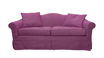 Pink sofa with two pillows isolated on white, transparent background, PNG. Classic english style two seater cushion couch with upholstery cover, front view