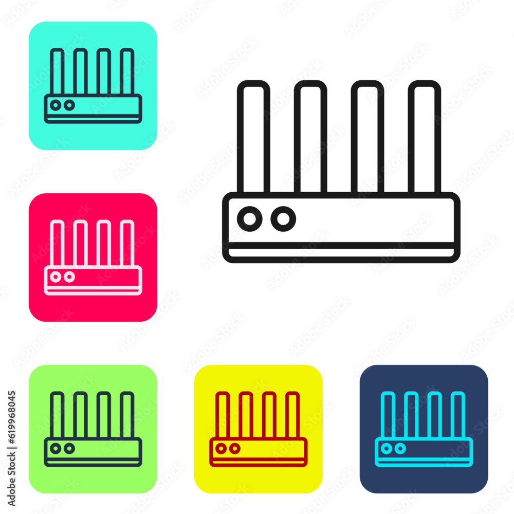 Poster black line router and wi-fi signal icon isolated on white background. wireless ethernet modem router