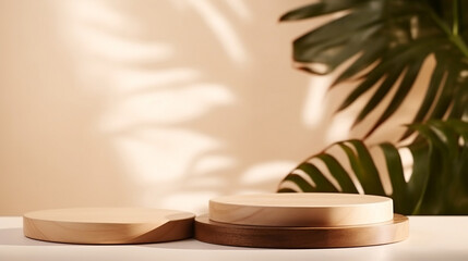 minimal modern wooden round tray podium on table counter in sunlight, leaf shadow on beige wall background for product display. Generative AI.