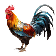 Fototapeta premium a Beautifully Cockerel rooster, full body, richly colored, Farm-themed, photorealistic illustrations in a PNG, cutout, and isolated. Generative AI