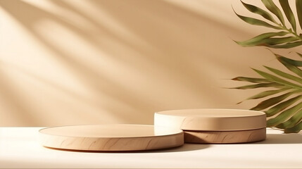 minimal modern wooden round tray podium on table counter in sunlight, leaf shadow on beige wall background for product display. Generative AI.