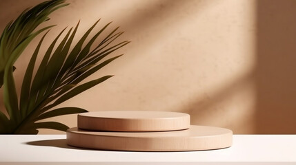 minimal modern wooden round tray podium on table counter in sunlight, leaf shadow on beige wall background for product display. Generative AI.