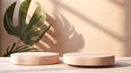 minimal modern wooden round tray podium on table counter in sunlight, leaf shadow on beige wall background for product display. Generative AI.