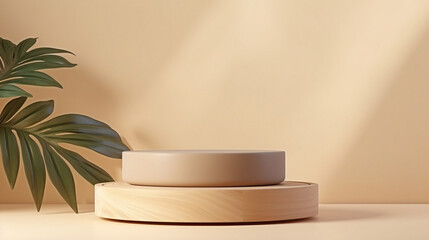 minimal modern wooden round tray podium on table counter in sunlight, leaf shadow on beige wall background for product display. Generative AI.