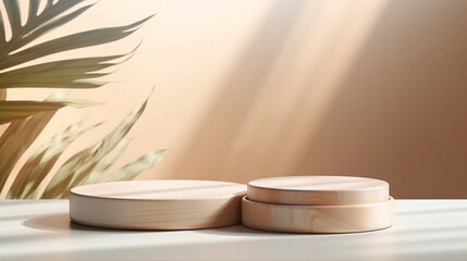 minimal modern wooden round tray podium on table counter in sunlight, leaf shadow on beige wall background for product display. Generative AI.