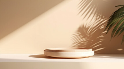 minimal modern wooden round tray podium on table counter in sunlight, leaf shadow on beige wall background for product display. Generative AI.