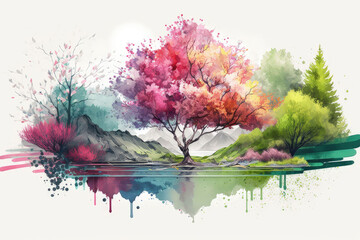 Obraz premium Beautiful watercolor trees and flowers generated by AI