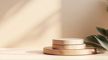 minimal modern wooden round tray podium on table counter in sunlight, leaf shadow on beige wall background for product display. Generative AI.