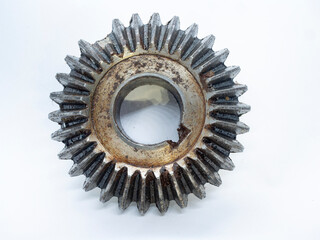 dirty  Conical gear with a broken tooth due to wear and tear - 619968851