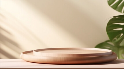 minimal modern wooden round tray podium on table counter in sunlight, leaf shadow on beige wall background for product display. Generative AI.