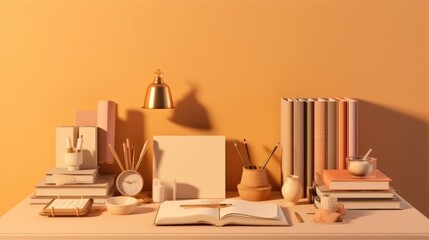 organized desk of a student doing her homework, with her notebooks and supplies, sunlight coming through the window