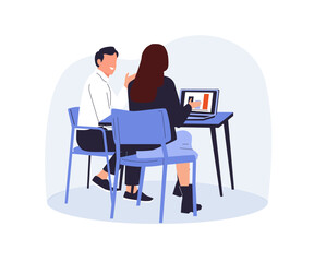 Casual teamwork. Diverse team of people working together with computers. Flat design vector illustration with white