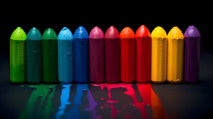 Colorful crayons on black background. Generative AI	