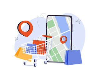 Shopping banner with location store, cart, gifts, market bags in cartoon flat style. Vector illustration. Shopping sales