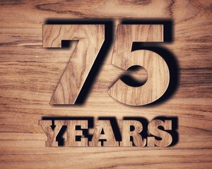 Wooden texture number 75 years on wooden background with clipping path for design elements
