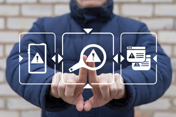 Man using virtual touch screen presses icon: magnifier with attention sign. Notification error and...