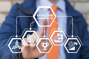 Busunessman using virtual touch screen presses inscription: EFFECTIVE COMMUNICATION. Concept of business effective communication. Partnership work. Team unity help for project challenges.