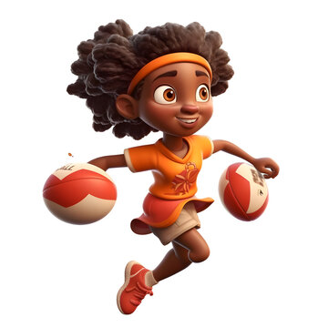 3D Render of Little African American Girl playing basketball with a ball
