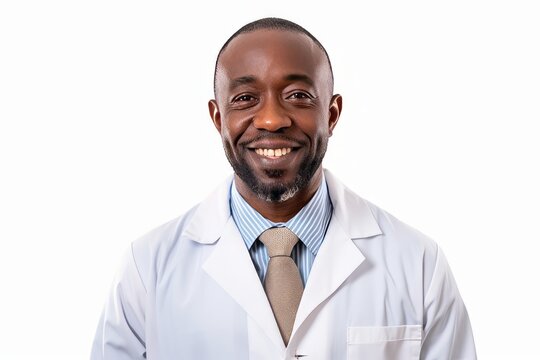 smiling african american male doctor looking at camera isolated on white