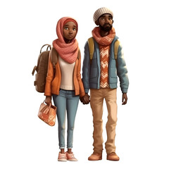 African american couple in winter clothes with backpacks on white background