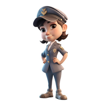 3D Render of a Little Girl with Police cap and blue uniform