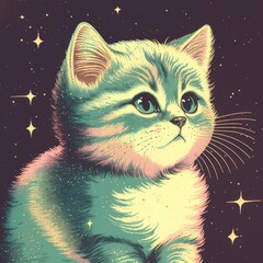 Cute Kitten Portrait Illustration in Retro Risograph Print Style