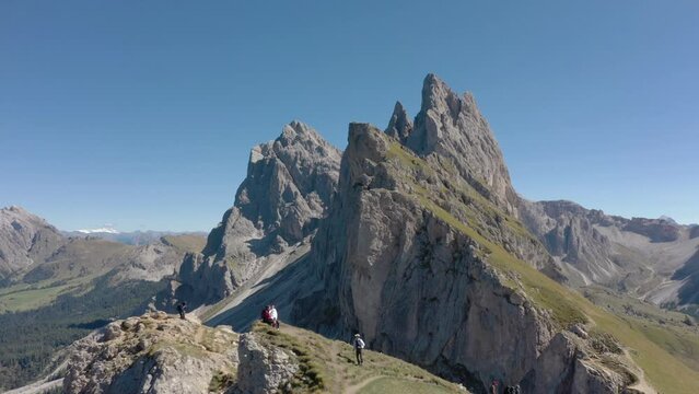 Seceda Aerial drone view flying above a peaceful alpine mountain top trekking area of the dolomite mountain range in val gardena italy 14
