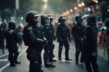 Obraz premium Anti-Riot Special Police Squad Relaxed Awaiting Instructions, created with Generative AI technology