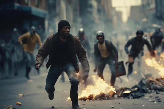 Violent Public Uprising Protest with Burning Streets, created with Generative AI technology