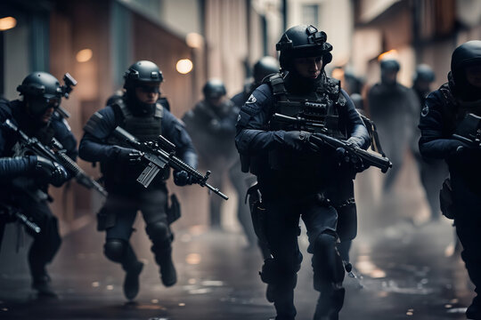 Dramatic Picture of Police SWAT Team Storming Target Position, created with Generative AI technology
