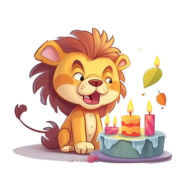 Cute cartoon lion with cake and candles. Vector illustration isolated on white background.
