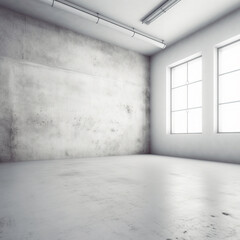 Empty room with wall and big windows. White concrete. (Generative AI)
