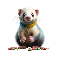 Cute ferret with candies isolated on white background - 3D render