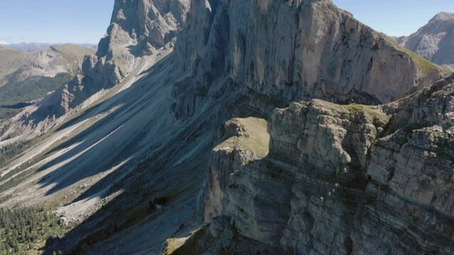 Seceda Aerial drone view flying above a peaceful alpine mountain top trekking area of the dolomite mountain range in val gardena italy 11