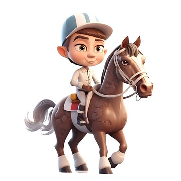 3d rendering of a little boy riding a horse on white background