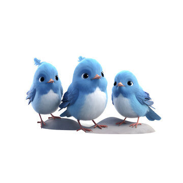 Three blue birds on a white background. 3d render illustration.