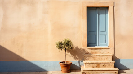 Fototapeta na wymiar Idyllic front view photo of old beige house wall in the old city minimalism picture