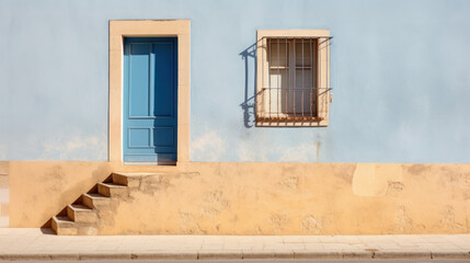 Idyllic front view photo of old blue beige house wall in the old city minimalism picture