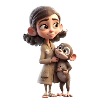 3D rendering of a little girl and monkey isolated on white background