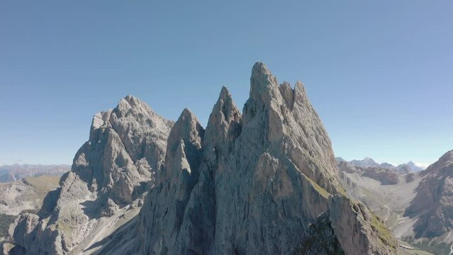 Seceda Aerial drone view flying above a peaceful alpine mountain top trekking area of the dolomite mountain range in val gardena italy 09