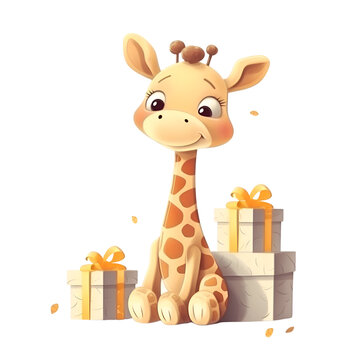 Cute cartoon giraffe sitting with gift boxes. Vector illustration.