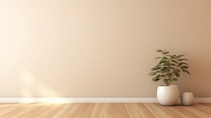 Blank beige brown wall in house with green plant in modern design pot, baseboard on wooden parquet in sunlight for product background. Generative AI.