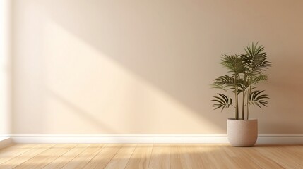 Fototapeta na wymiar Blank beige brown wall in house with green plant in modern design pot, baseboard on wooden parquet in sunlight for product background. Generative AI.