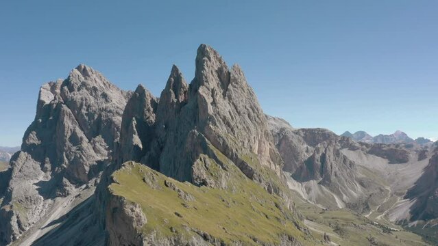 Seceda Aerial drone view flying above a peaceful alpine mountain top trekking area of the dolomite mountain range in val gardena italy 07