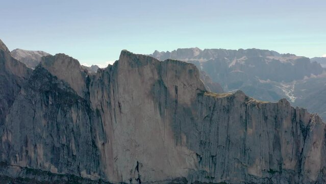 Seceda Aerial drone view flying above a peaceful alpine mountain top trekking area of the dolomite mountain range in val gardena italy 06