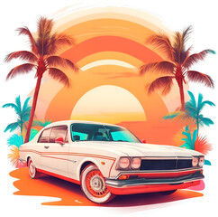 Retro Classic Car and Sunrise. Generate AI