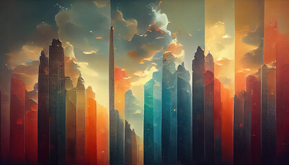 Painting with skyscrapers. Picturesque modern cityscape. Abstract multicolor painting. AI-generated