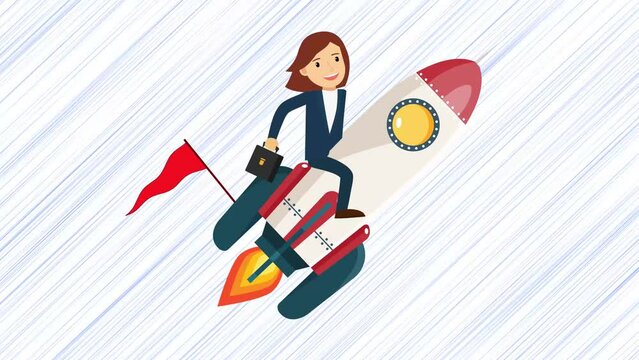 Successful happy businesswoman flying with Rocket in high speed, business success of female 
