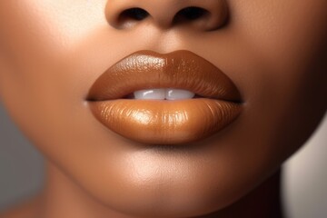  Beautiful black woman shiny and wet lips with fashion brown lipstick makeup. Cosmetic concept. Beauty lip visage. Open mouth with white teeth. Closeup view - obrazy, fototapety, plakaty