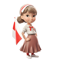3D illustration of a cute little girl holding a flag of Indonesia